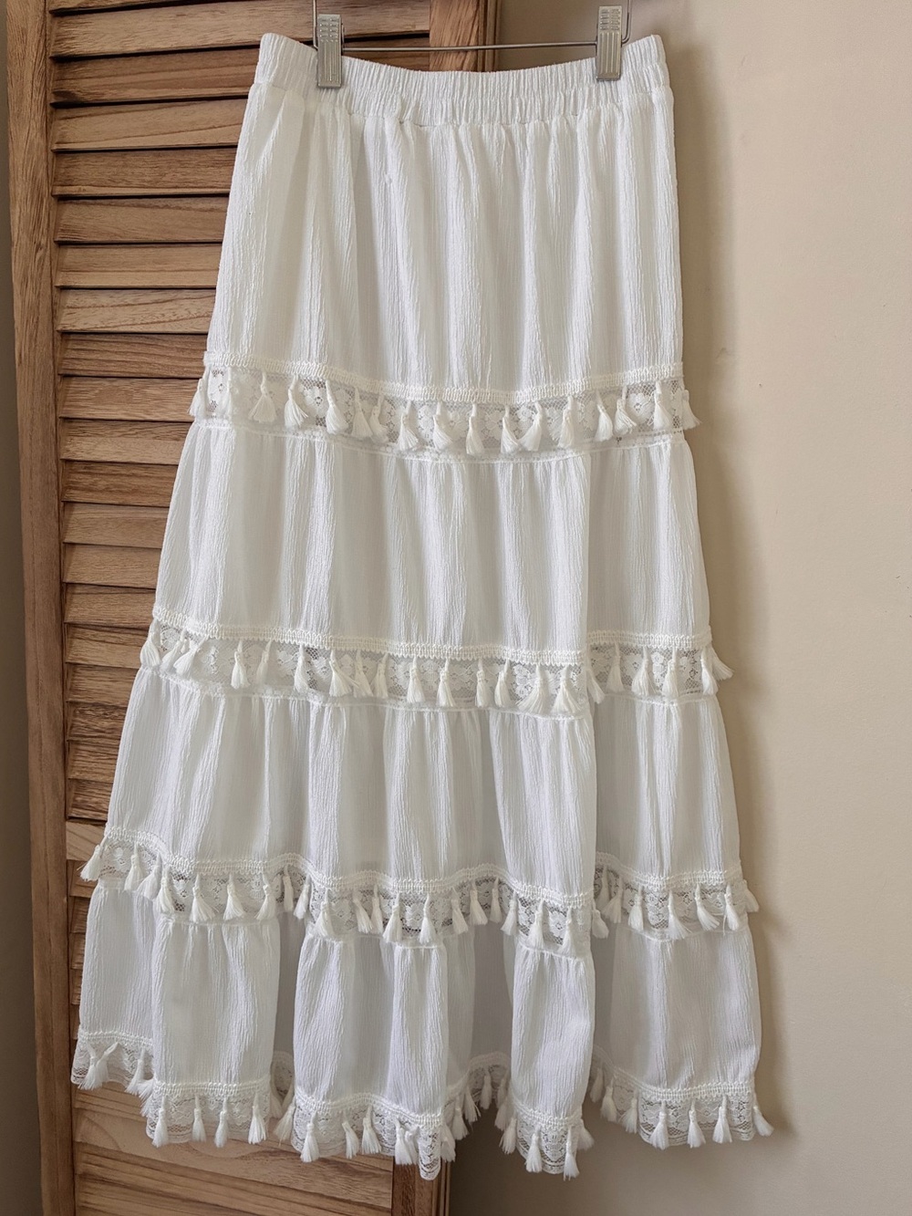 Cato Cottagecore White Tiered Maxi Skirt Crinkle Gauze Tassel Lace Trim Boho L